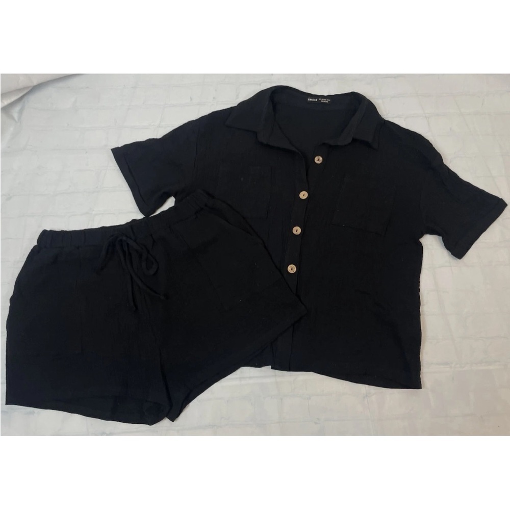 SHEIN 2 Pc Black Shirt & Short Set Short‎ SleeveWoman’s L Pockets Tie Waist NEW